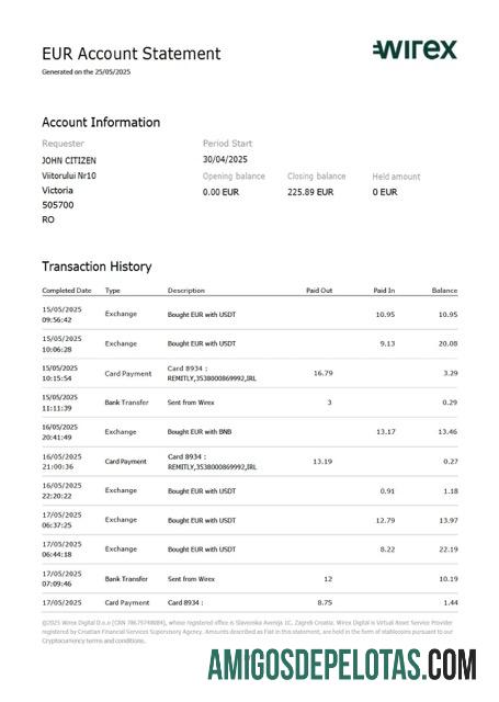 Extrato de conta Wirex do Reino Unido para impressão, modelo Word e PDF